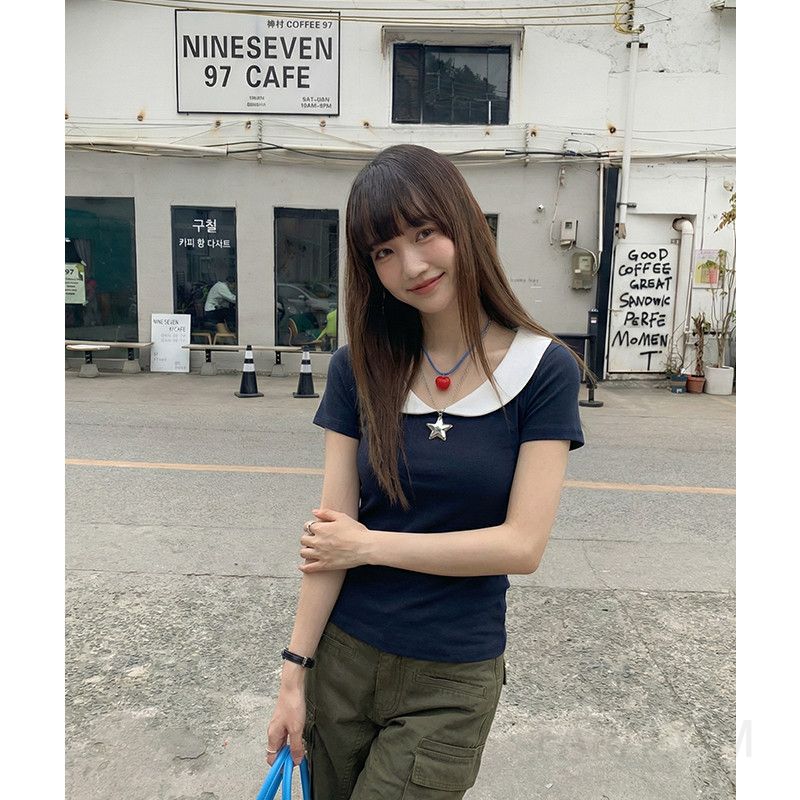 여성 캐주얼 슬림핏 면혼방 배색 피터팬 카라 반팔 티셔츠 데일리룩 오피스룩 출근룩 - 상세 이미지 5