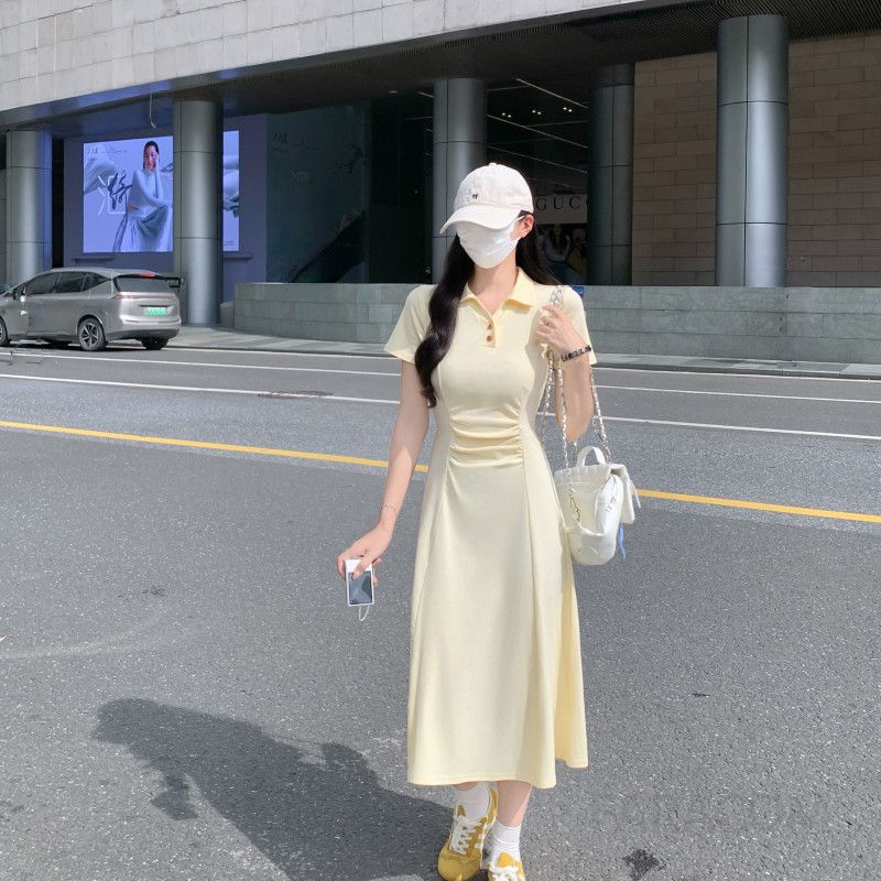 여성 페미닌 출근룩 코튼 셔링 폴로넥 A라인 롱 원피스 하객룩 오피스룩 미디원피스 반팔원피스 슬림핏 피케원피스 - 상세 이미지 3