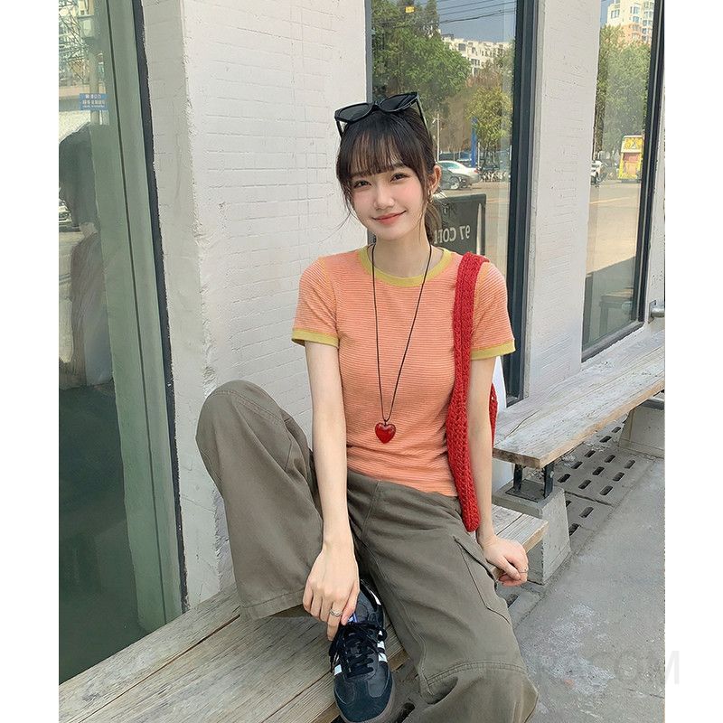 여성 캐주얼 데일리 코튼 배색 단가라 스트라이프 반팔 티셔츠 라운드넥 신축성 슬림핏 상의 출근룩 - 상세 이미지 2
