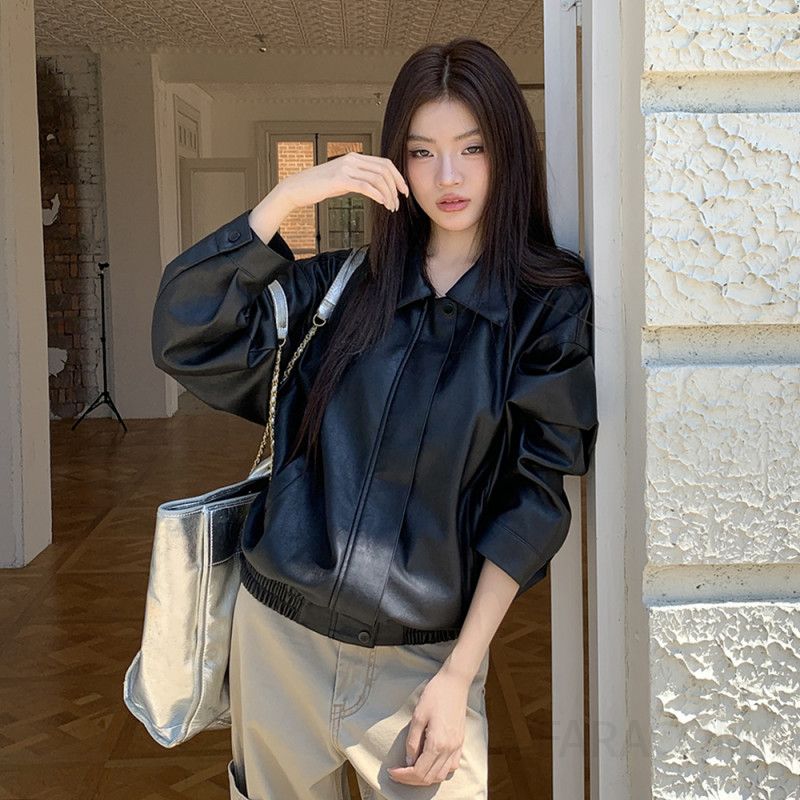 여성 힙한 스트릿 캐주얼 오버핏 레더 카라 집업 비건 가죽 블루종 점퍼 자켓 데일리 아우터 - 상품 이미지