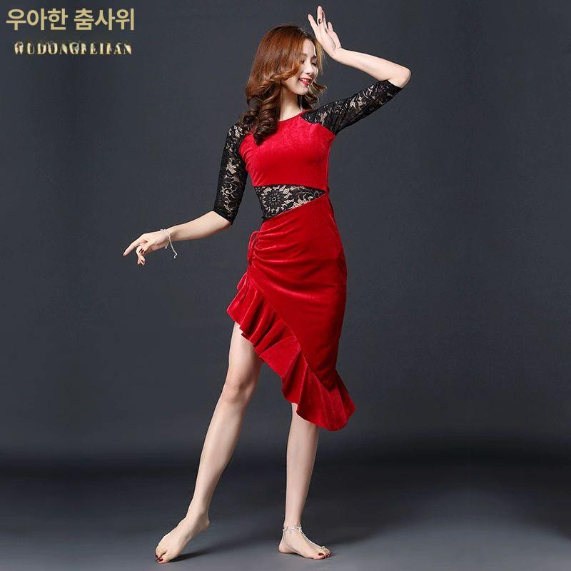밸리 라틴 라인 살사 원피스 벨벳 무대의상 공연복 벨리 그린 M - 상세 이미지 4