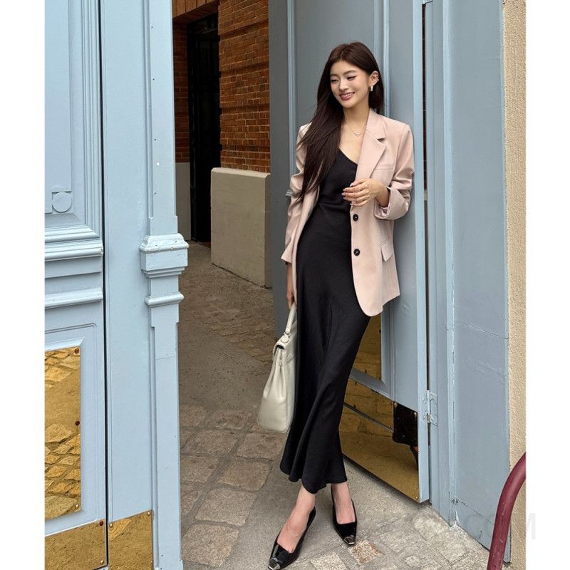 새틴 여성 슬립 드레스 봄 여름 실키 드레이프 미디 맥시 원피스 끈나시 여름용 우아한 스타일 - 상세 이미지 3