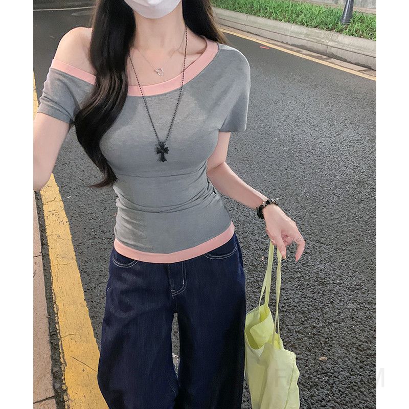 여성 데일리 슬림핏 비스코스 배색 비대칭 원숄더 오프숄더 스판 반팔 티셔츠 - 상세 이미지 3