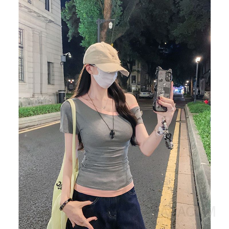 여성 데일리 슬림핏 비스코스 배색 비대칭 원숄더 오프숄더 스판 반팔 티셔츠 - 상세 이미지 2
