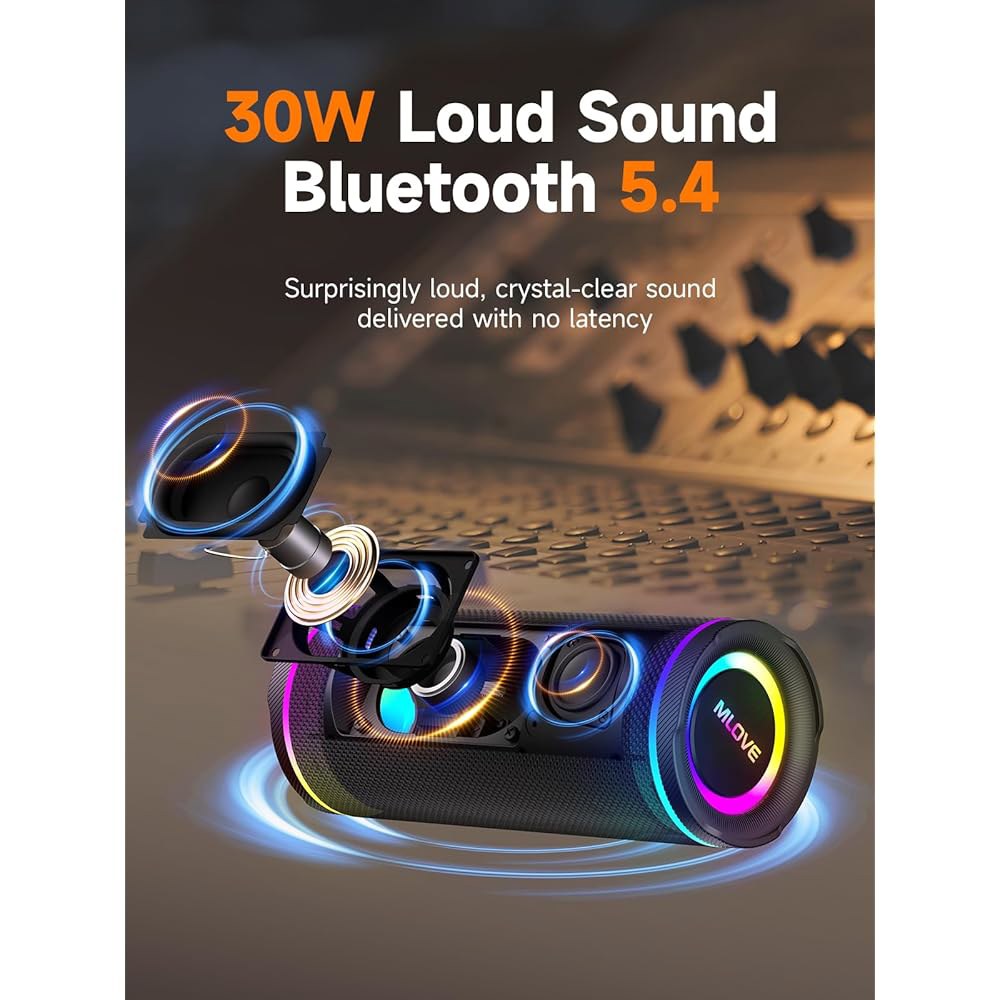 MLOVE E80 스피커 블루투스 무선, 휴대용 스피커(Aux 입력, 마이크로 SD 카드 슬롯, 베이스 업, TWS, RGB 조명, IPX7 방수, BT5.4 야외용, 자동차 음악 - 상세 이미지 2
