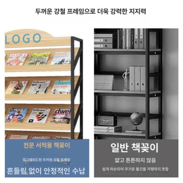 프리미엄 이동식 원목 잡지 꽂이 전면책장 전시대 인테리어 - 상세 이미지 4