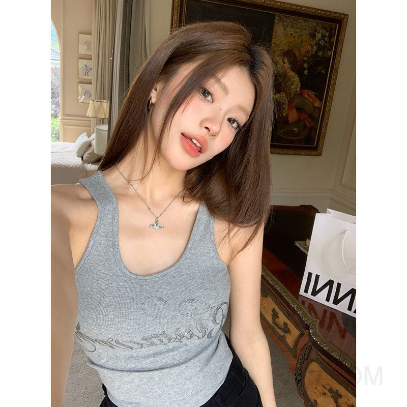 여성 스트릿 빈티지 데일리 슬림핏 모달 코튼 핫픽스 레터링 백리스 Y스트랩 레이어드 민소매 나시 티셔츠 - 상세 이미지 2