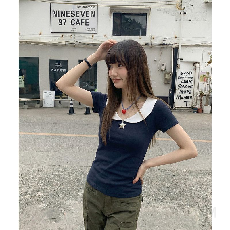 여성 캐주얼 슬림핏 면혼방 배색 피터팬 카라 반팔 티셔츠 데일리룩 오피스룩 출근룩 - 상세 이미지 3