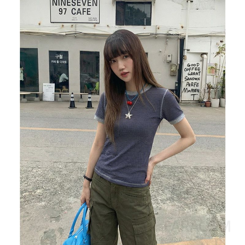 여성 캐주얼 데일리 코튼 배색 단가라 스트라이프 반팔 티셔츠 라운드넥 신축성 슬림핏 상의 출근룩 - 상세 이미지 5