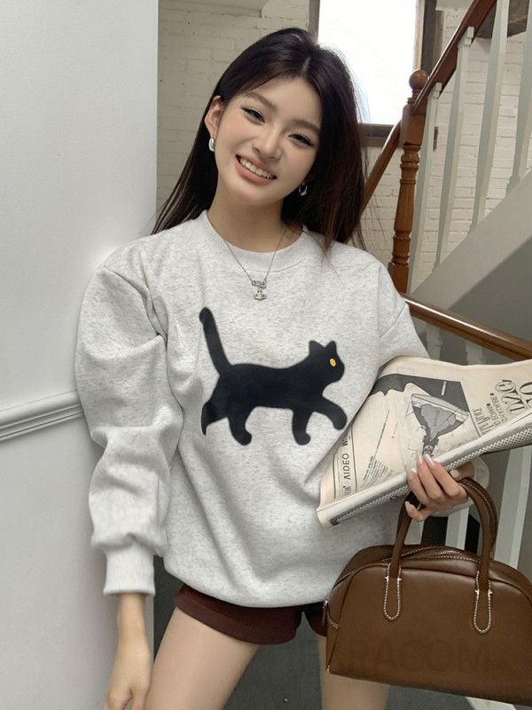 여성 스트릿 루즈핏 기모 고양이 자수 프린팅 라운드넥 긴팔 맨투맨 스웨트셔츠 - 상세 이미지 4