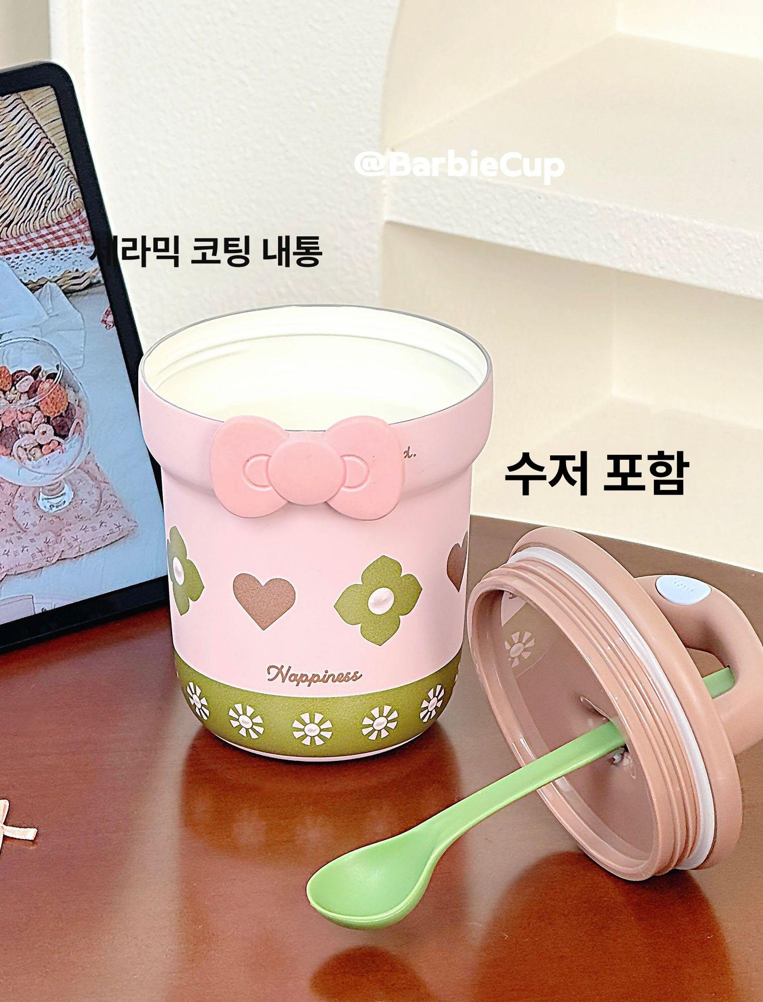 세라믹 보온 컵 뚜껑 스푼 포함 요거트 오트밀 휴대용 사무용 머그 잔 선물 플로럴 핑크 500ml 인형 실리콘 스티커 - 상세 이미지 3