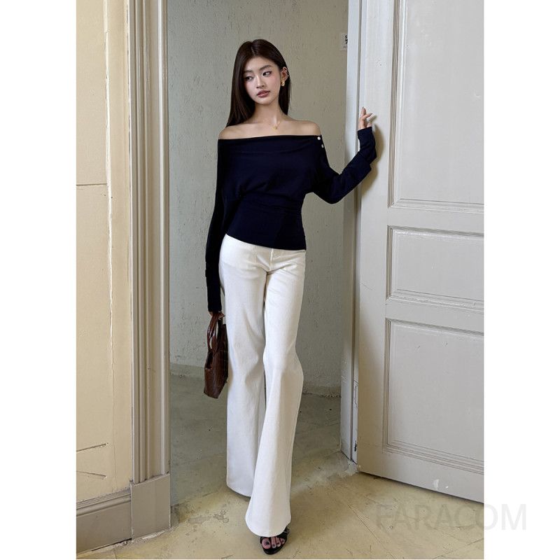 여성 페미닌 우아한 슬림핏 코튼 혼방 오프숄더 버튼 포인트 긴팔 티셔츠 데일리 보트넥 니트 티셔츠 상의 유니크 무드 출근룩 - 상세 이미지 4