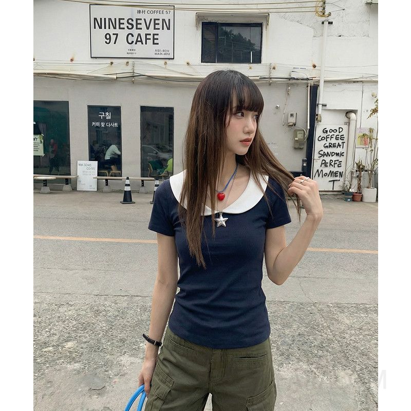 여성 캐주얼 슬림핏 면혼방 배색 피터팬 카라 반팔 티셔츠 데일리룩 오피스룩 출근룩 - 상세 이미지 2