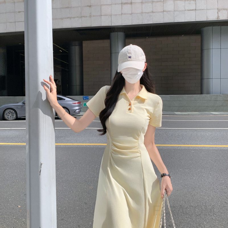 여성 페미닌 출근룩 코튼 셔링 폴로넥 A라인 롱 원피스 하객룩 오피스룩 미디원피스 반팔원피스 슬림핏 피케원피스 - 상세 이미지 2