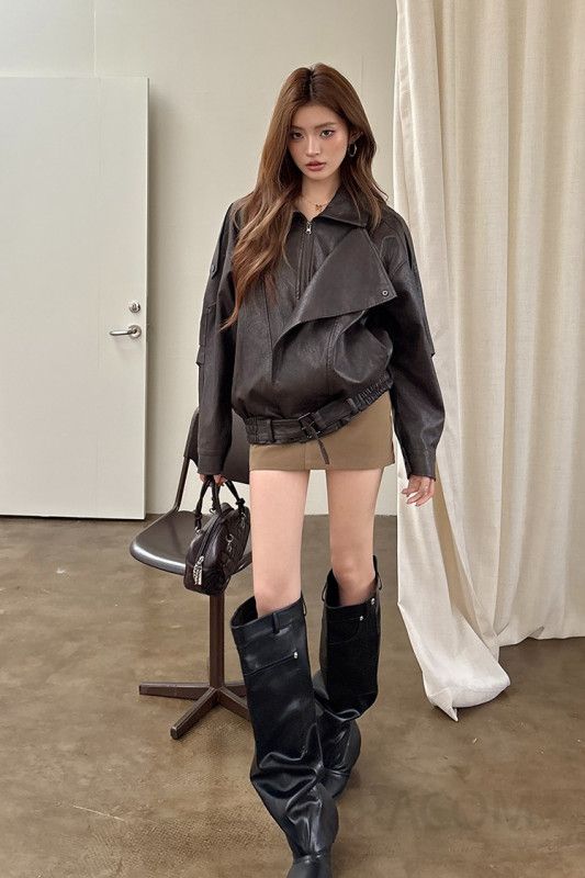 여성 루즈핏 빈티지 레더 가죽 벨트 하이넥 집업 자켓 오버핏 라이더 아우터 데일리 힙한 가을 바람막이 스타일 블루종 이미지 6