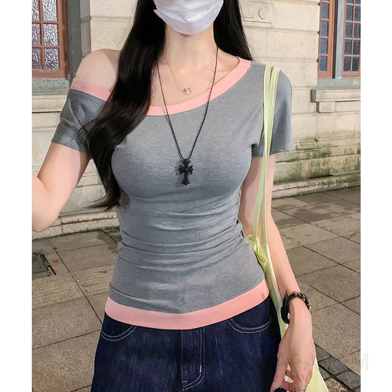 여성 데일리 슬림핏 비스코스 배색 비대칭 원숄더 오프숄더 스판 반팔 티셔츠 - 상품 이미지