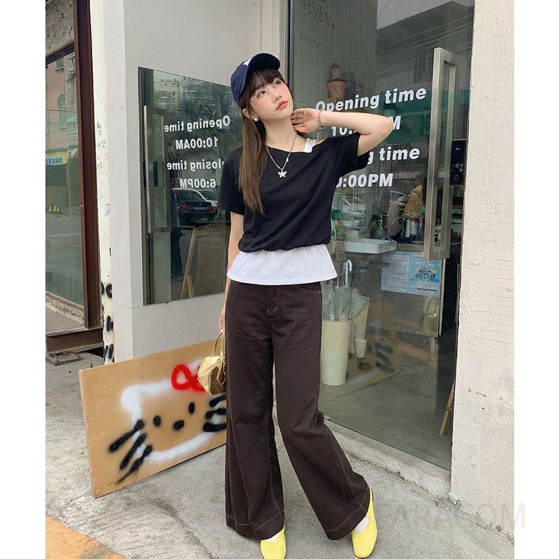 여성 캐주얼 데일리 루즈핏 코튼 오프숄더 레이어드 언밸런스 배색 포인트 반팔 티셔츠 출근룩 나들이룩 꾸안꾸 - 상세 이미지 5