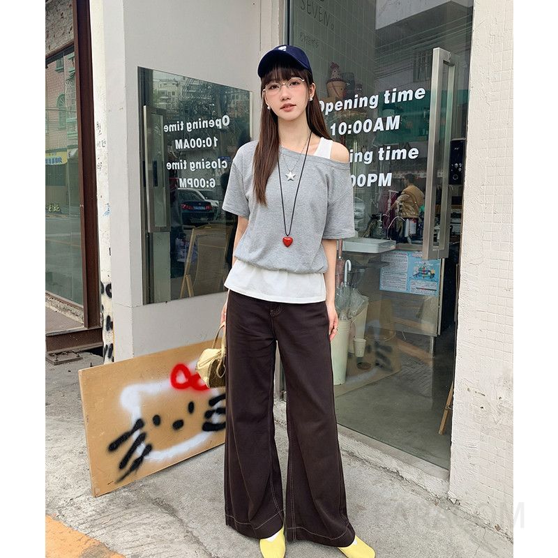 여성 캐주얼 데일리 루즈핏 코튼 오프숄더 레이어드 언밸런스 배색 포인트 반팔 티셔츠 출근룩 나들이룩 꾸안꾸 - 상품 이미지