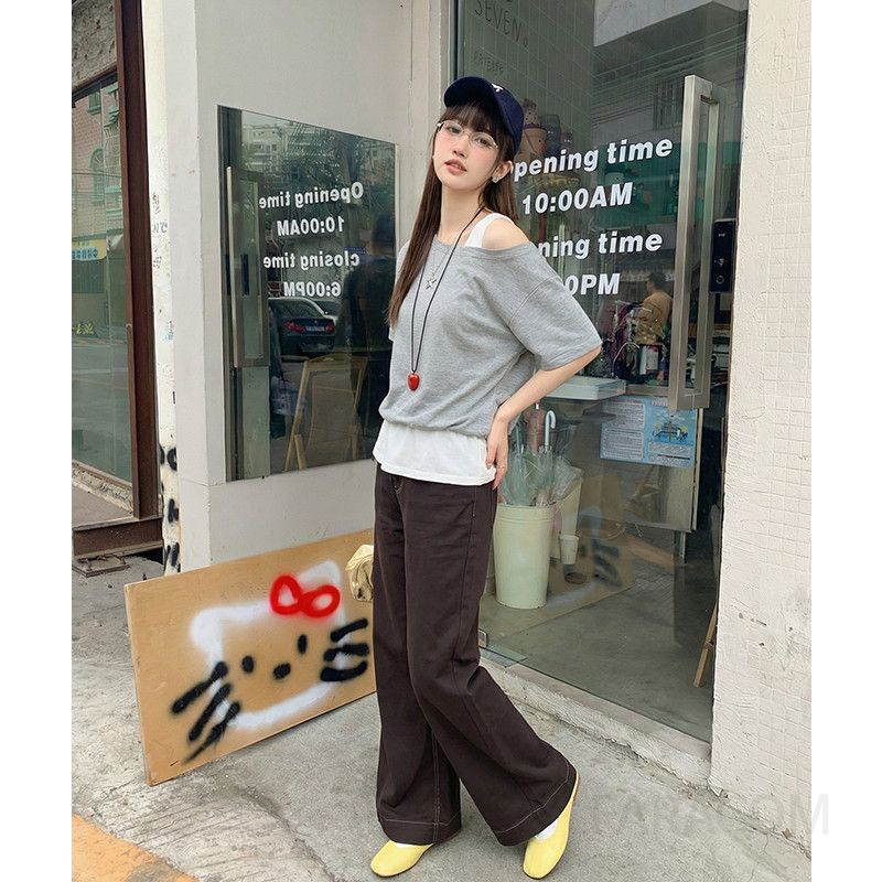 여성 캐주얼 데일리 루즈핏 코튼 오프숄더 레이어드 언밸런스 배색 포인트 반팔 티셔츠 출근룩 나들이룩 꾸안꾸 - 상세 이미지 4