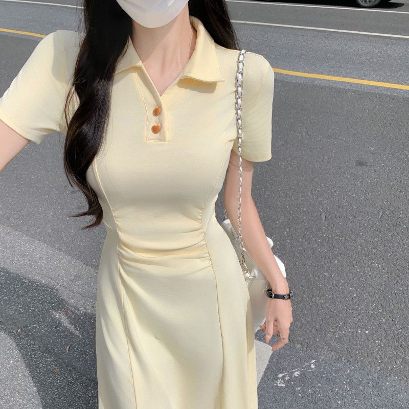 여성 페미닌 출근룩 코튼 셔링 폴로넥 A라인 롱 원피스 하객룩 오피스룩 미디원피스 반팔원피스 슬림핏 피케원피스 - 상품 이미지