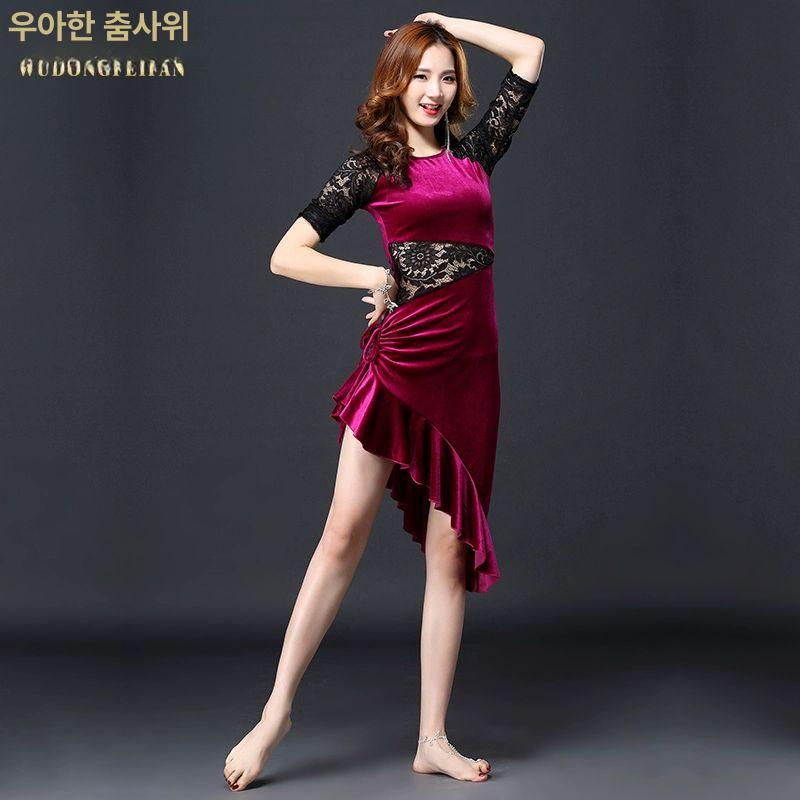 밸리 라틴 라인 살사 원피스 벨벳 무대의상 공연복 벨리 그린 M - 상세 이미지 2