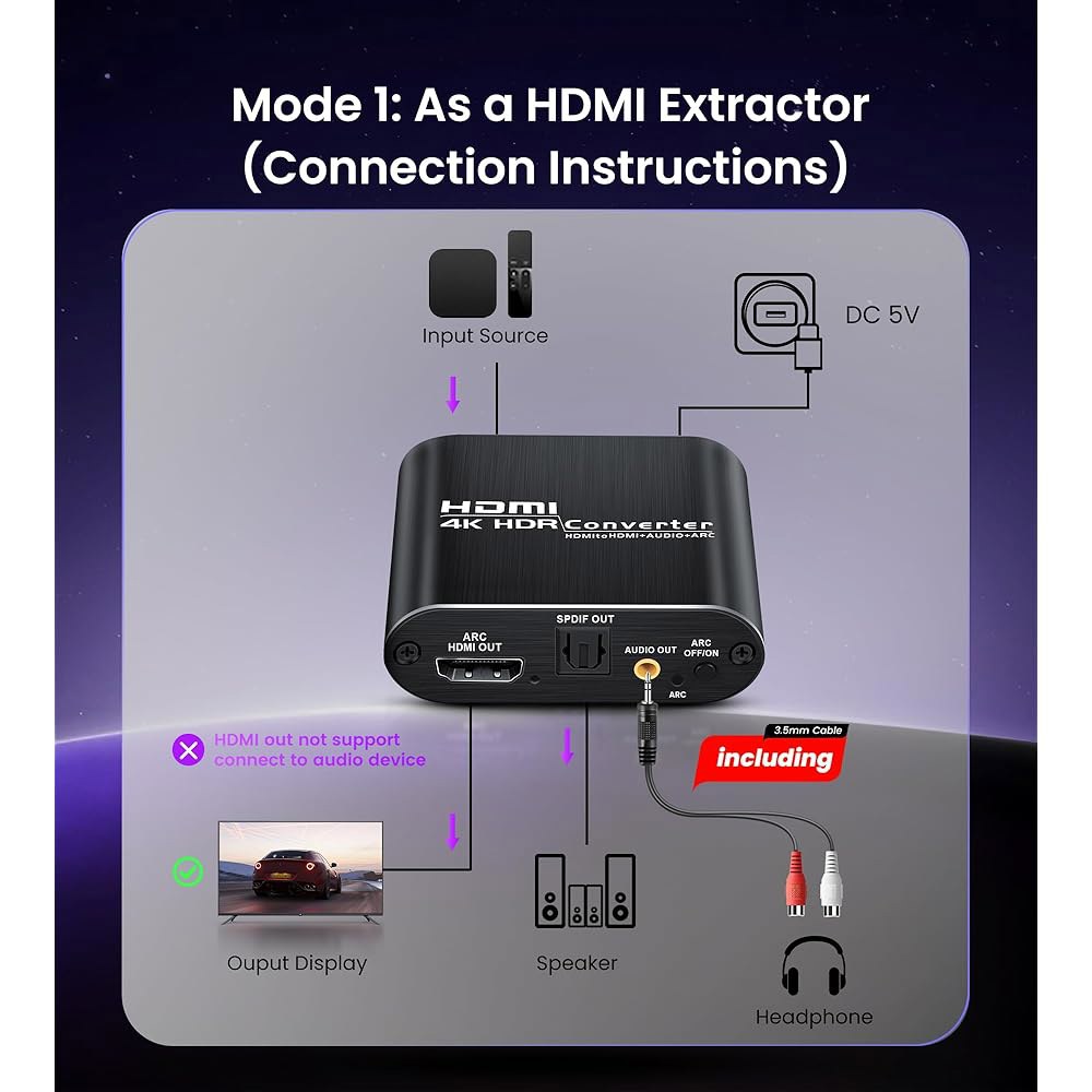 avedio 링크 HDMI ARC 오디오 추출기 변환기 4K@60Hz, HDMI와 광 Toslink SPDIF + 3.5mm AUX 잭 스테레오 어댑터 스플리터 삽입기 지원 HDC - 상세 이미지 3