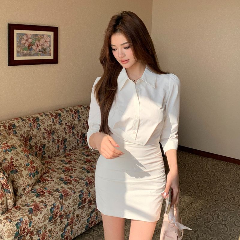 여성 스트릿 페미닌 슬림핏 폴리 셔츠카라 사이드셔링 디테일 미니원피스 하객룩 오피스룩 데이트룩 데일리 출근룩 - 상품 이미지