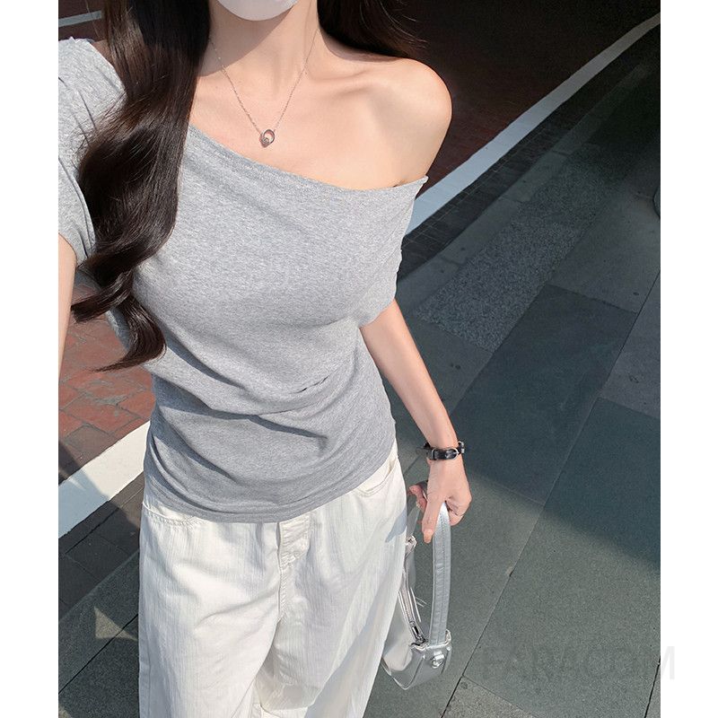 여성 데일리 캐주얼 루즈핏 면 오프숄더 입술넥 반팔 티셔츠 오피스룩 출근룩 데이트룩 놈코어룩 여리여리핏 보트넥 - 상세 이미지 5