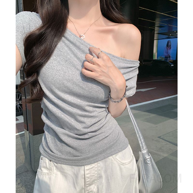 여성 데일리 캐주얼 루즈핏 면 오프숄더 입술넥 반팔 티셔츠 오피스룩 출근룩 데이트룩 놈코어룩 여리여리핏 보트넥 이미지 7