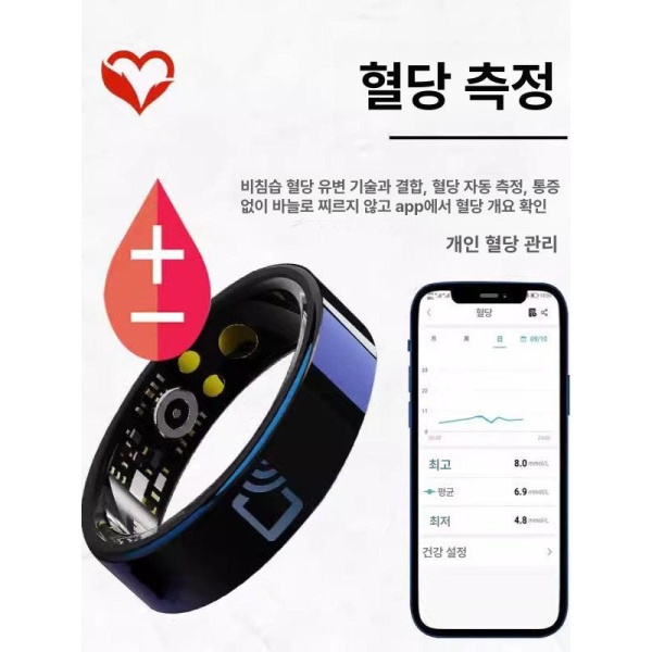 프리미엄 스마트 혈당 반지 NFC 방수 혈압 심박수 수면 혈중산소 측정 연속혈당측정기 - 상품 이미지