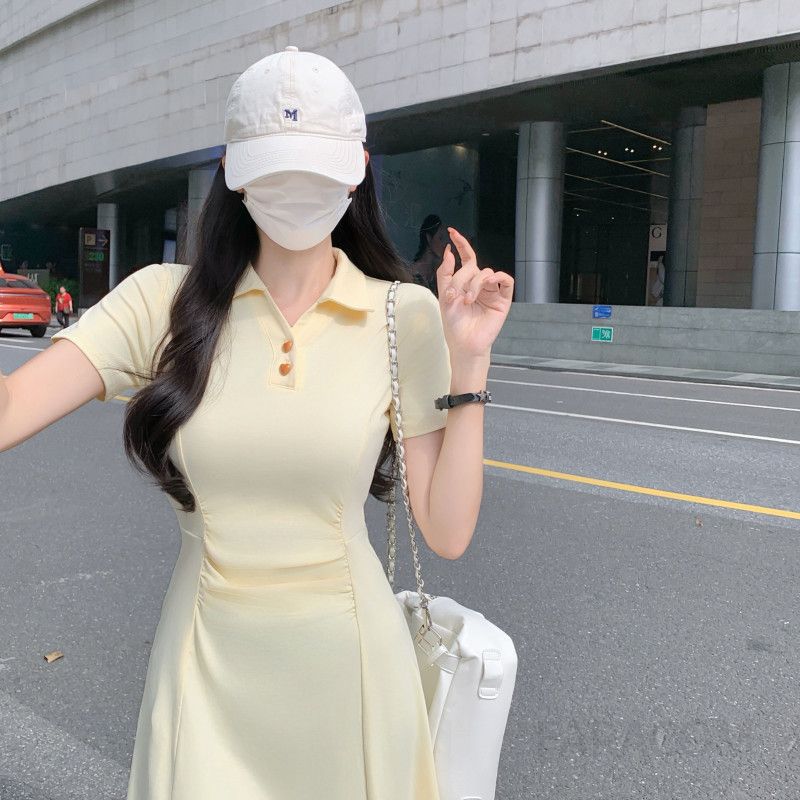 여성 페미닌 출근룩 코튼 셔링 폴로넥 A라인 롱 원피스 하객룩 오피스룩 미디원피스 반팔원피스 슬림핏 피케원피스 - 상세 이미지 4