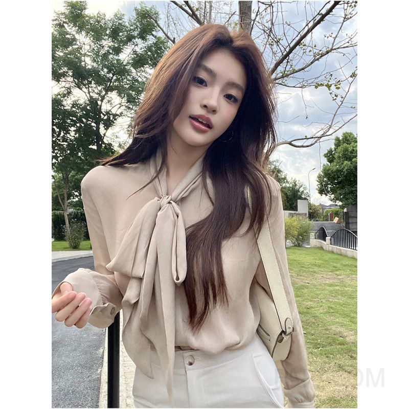 여성 페미닌 타이 리본 텐셀 블라우스 실키 루즈핏 긴팔 셔츠 직장인 출근룩 하객룩 정장 이너 데일리 상의 클래식 - 상세 이미지 3