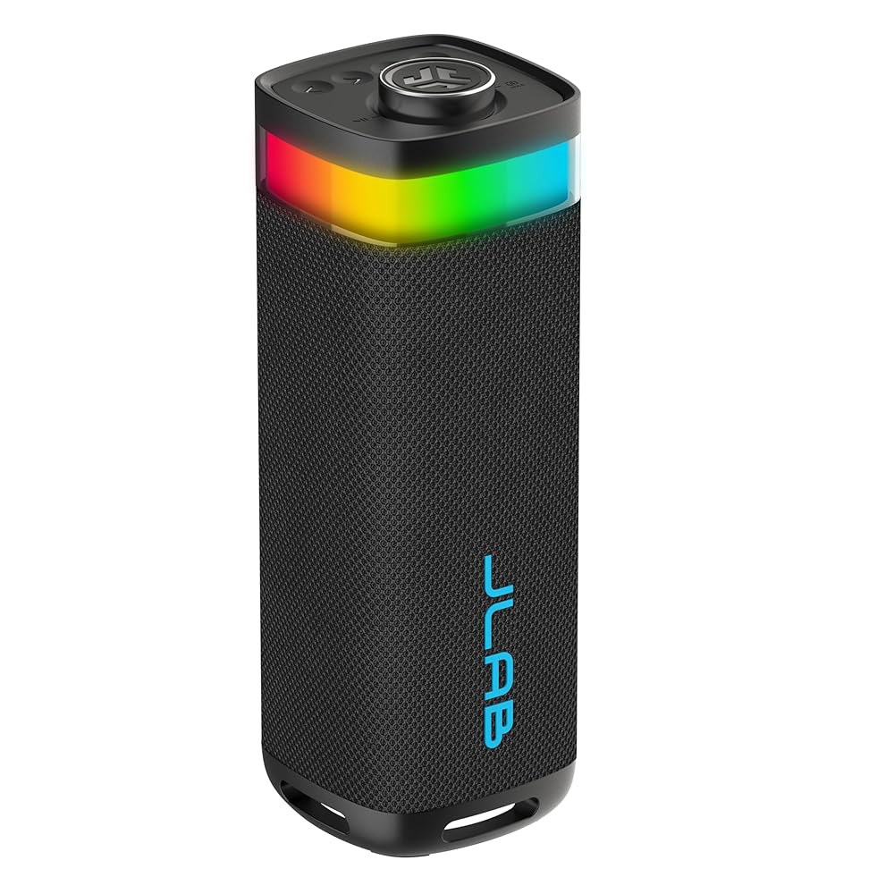 JLab JBuds 파티 휴대용 블루투스 스피커, 풀레인지 드라이버 2개 + 패시브 우퍼 2개, IP56 방수, 12시간 재생 시간, 여러 스피커 연결, 맞춤형 사운드 RGB 조명 - 상품 이미지