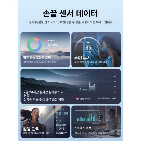 프리미엄 스마트 링 혈당측정기 연속 건강 모니터 심박수 블루투스 수면 체온 측정 IP68 방수 - 상세 이미지 3