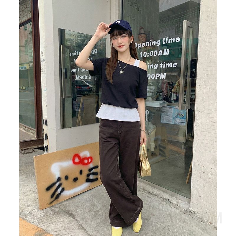 여성 캐주얼 데일리 루즈핏 코튼 오프숄더 레이어드 언밸런스 배색 포인트 반팔 티셔츠 출근룩 나들이룩 꾸안꾸 - 상세 이미지 3
