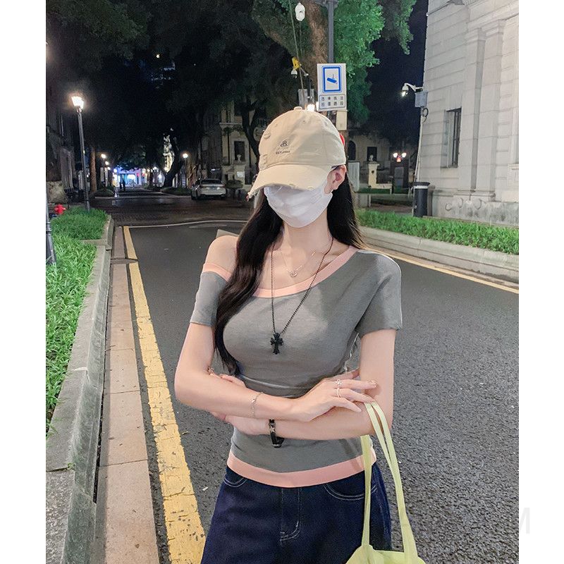 여성 데일리 슬림핏 비스코스 배색 비대칭 원숄더 오프숄더 스판 반팔 티셔츠 - 상세 이미지 4