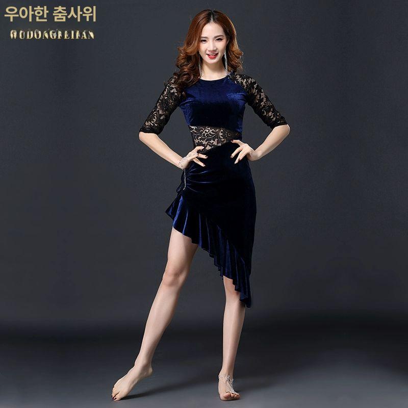 밸리 라틴 라인 살사 원피스 벨벳 무대의상 공연복 벨리 그린 M - 상세 이미지 3
