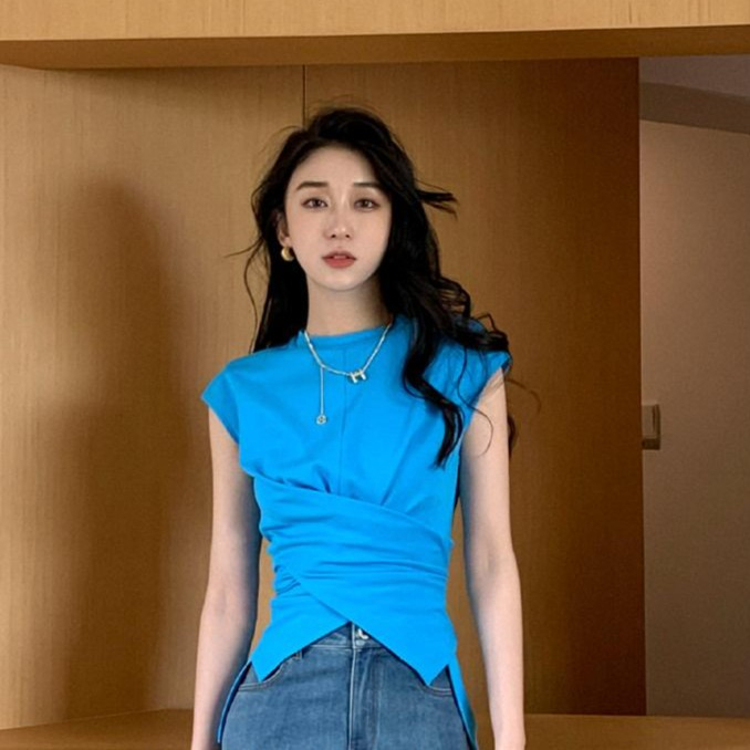 블루 셔링 랩 티셔츠 프렌치 스타일 드라마 샵 고퀄 데일리 캐주얼 - 상품 이미지