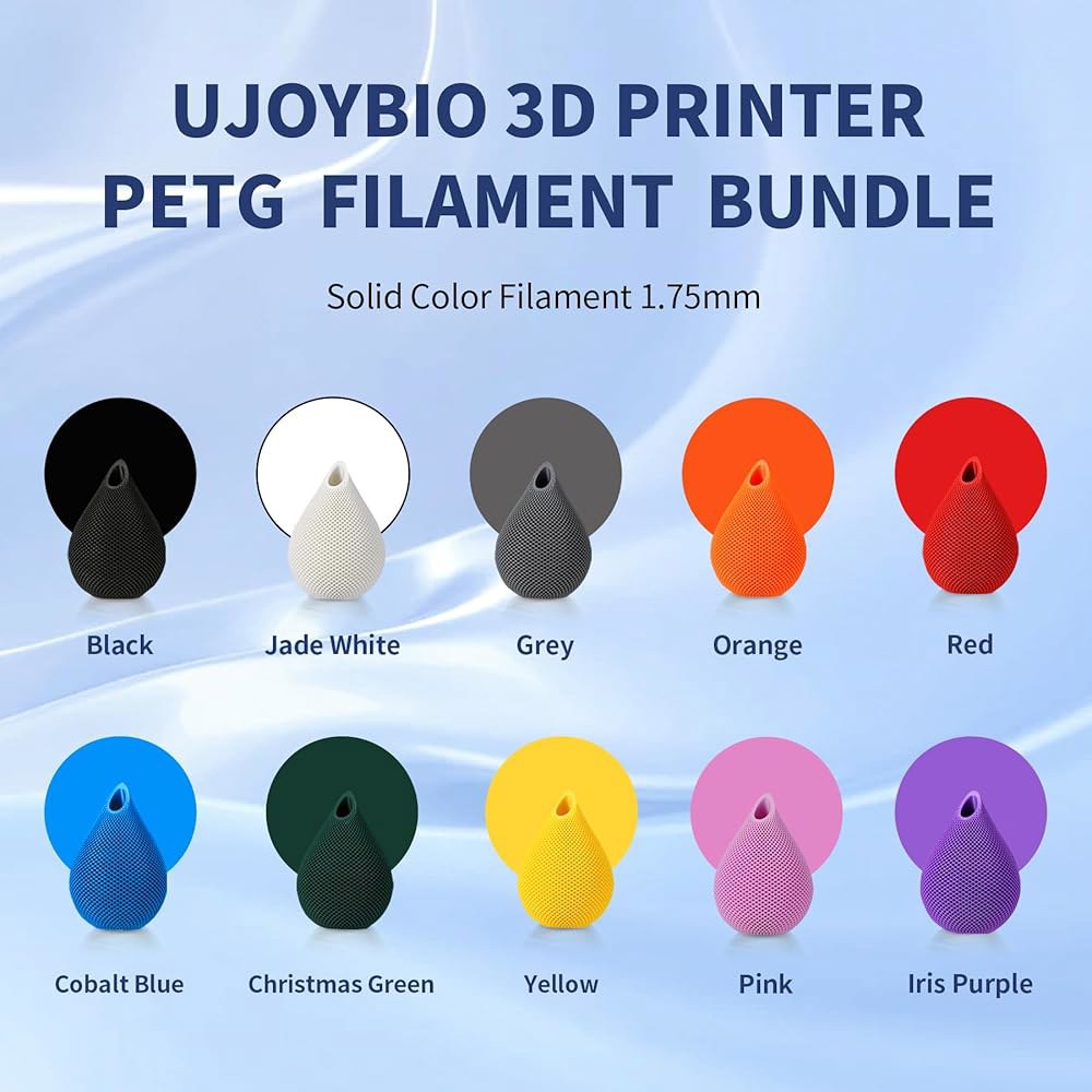 UJOYBIO PETG 필라멘트 1.75mm 1KG 10, 3D 프린터 번들, 고강도 및 엉킴 없음, 치수 정확도 + /- 0.03mm, 사용하기 쉽고 대부분의 FDM 프린터에 - 상세 이미지 3