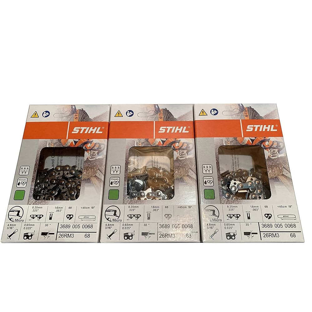 Stihl 26RM3-68 (3팩) 오일로매틱 래피드 마이크로 전기톱 체인 18인치 68 링크 0.325 피치 0.63 게이지 - 상품 이미지