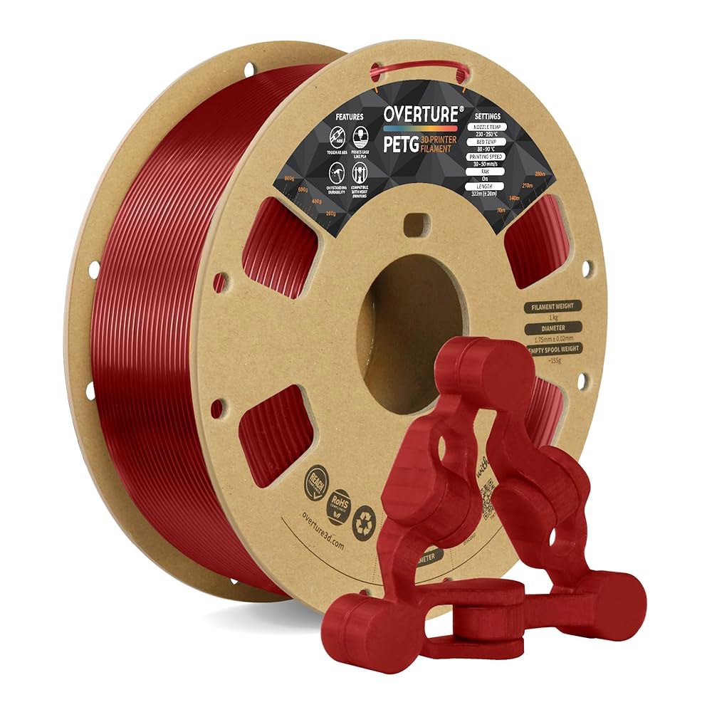 Overture 3D 필라멘트 클리어 PETG 1.75mm, 투명 빨간색 프린터 소모품, 1kg 필라멘트(2.2파운드), 치수 정확도 + /- 0.05mm 1 Kg Black - 상품 이미지