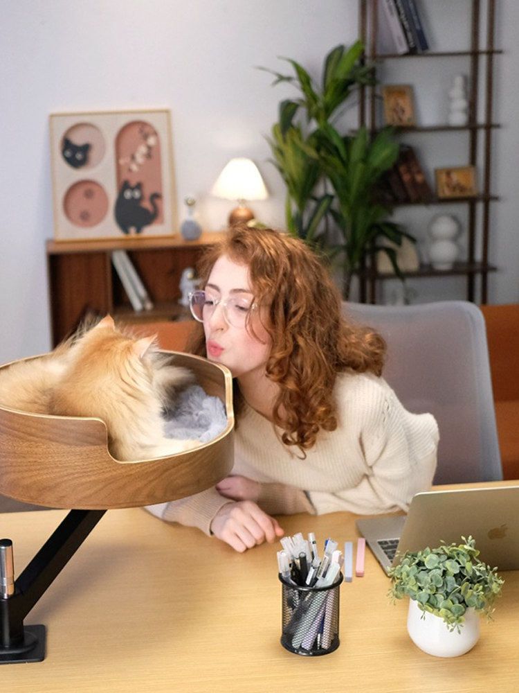고양이 그네 책상 휴대용 침대 모기장 그물 애완동물 높이조절 해먹 원형 데스크탑 캠핑 야외 우드 컬러 베이직 - 상세 이미지 5