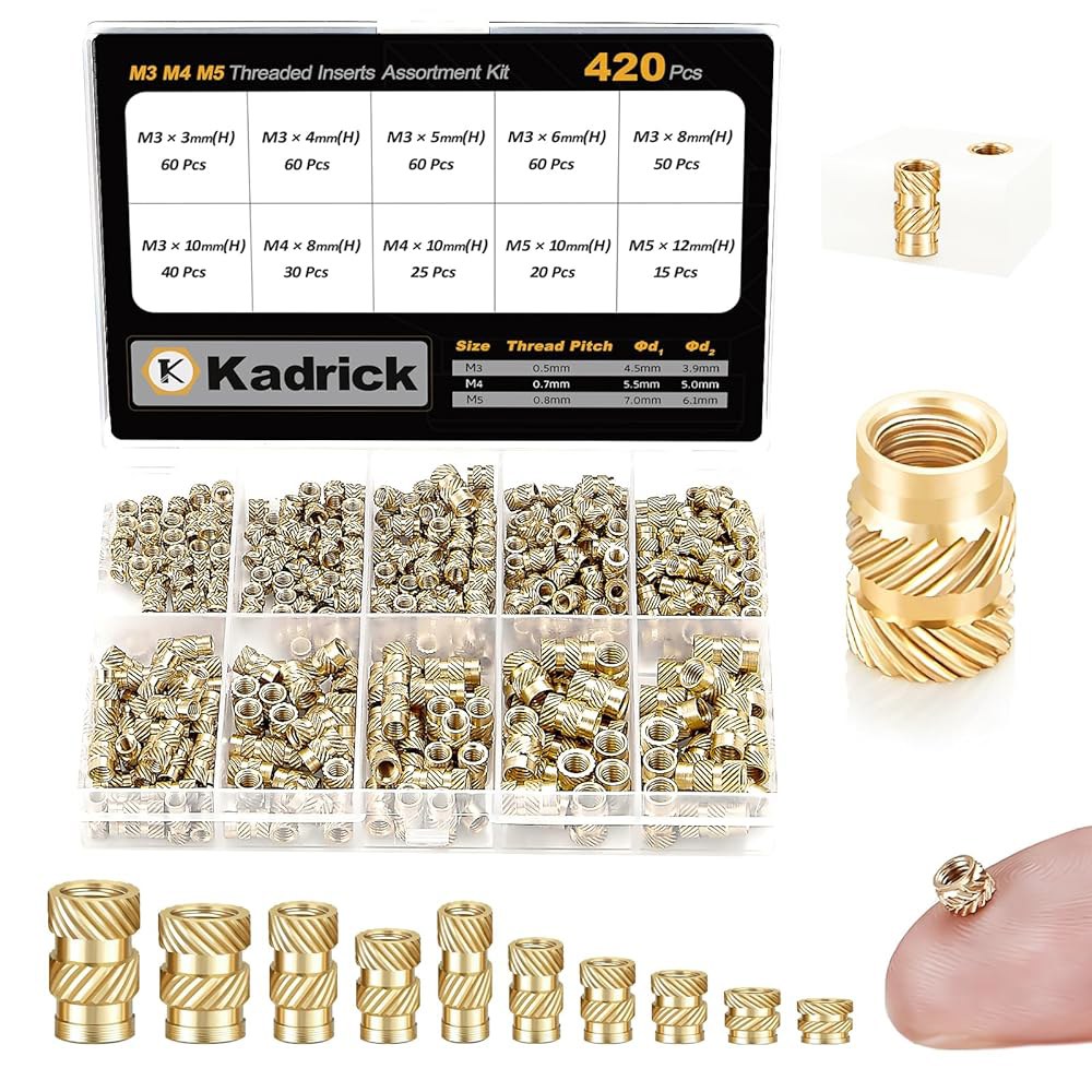 Kadrick 420Pcs M3 M4 M5 스레드 인서트 3D 프린팅 부품, 미터법 황동 널드 너트, 플라스틱 부품에 열로 삽입하는 키트 1 M2 H3 D3 200Pcs - 상품 이미지