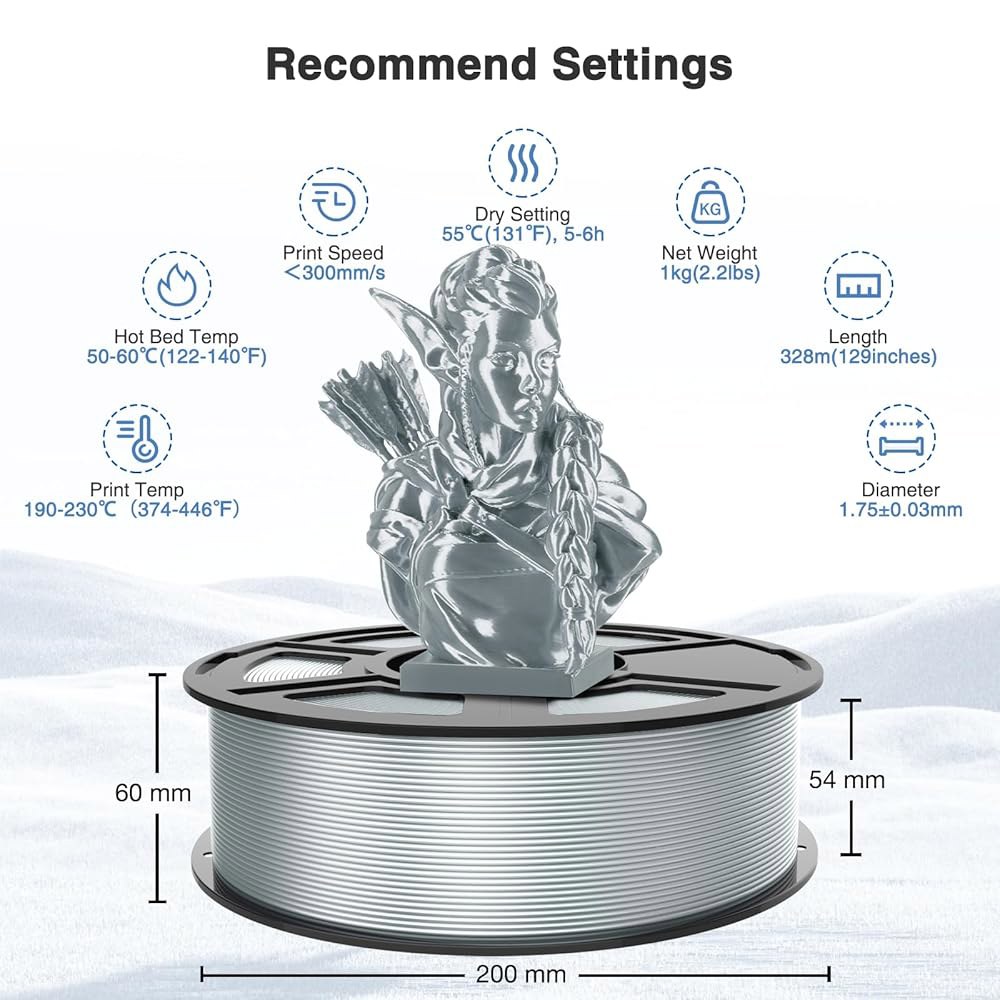 아모이베이비 실크 실버 PLA 필라멘트 1.75mm, 1KG(2.2lbs) 고속 3D 프린팅 디자인으로 빠른 인쇄, 치수 정확도 + /- 0.03mm로 대부분의 프린터와 펜에 맞습 - 상세 이미지 2