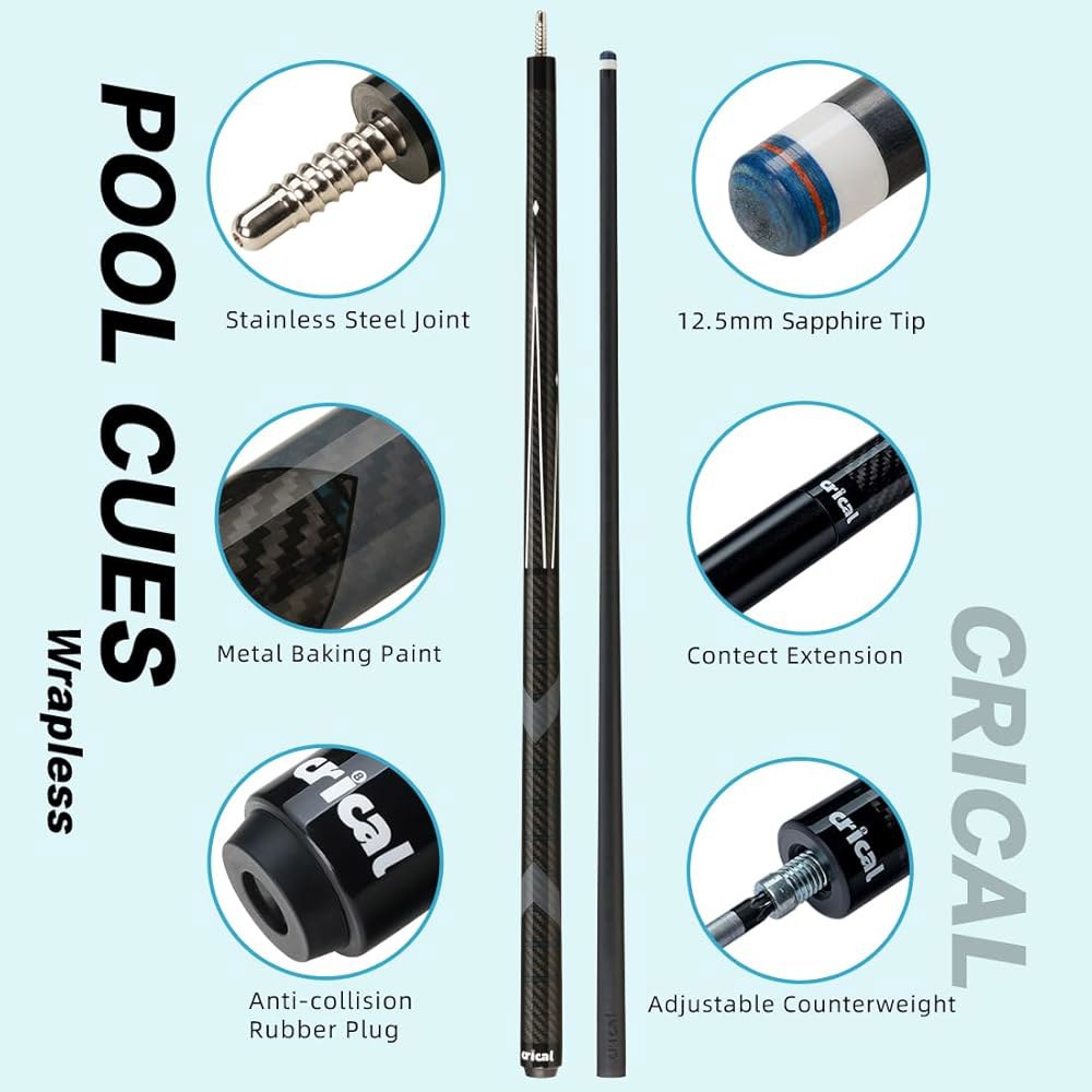 CRICAL 탄소 섬유 풀 큐 스틱 58인치 당구 스틱, 3/8 8 핀 조인트 및 12.5mm 팁이 있는 전문가용 저변형 1 001-CL01 - 상세 이미지 3