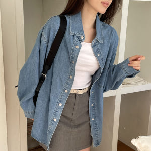 프리미엄 루즈핏 레이어드 포켓 여성 데님셔츠 여자 청남방 봄 셔츠 남방 착용 후기 | 사이즈/핏 총정리 - 상품 이미지 2