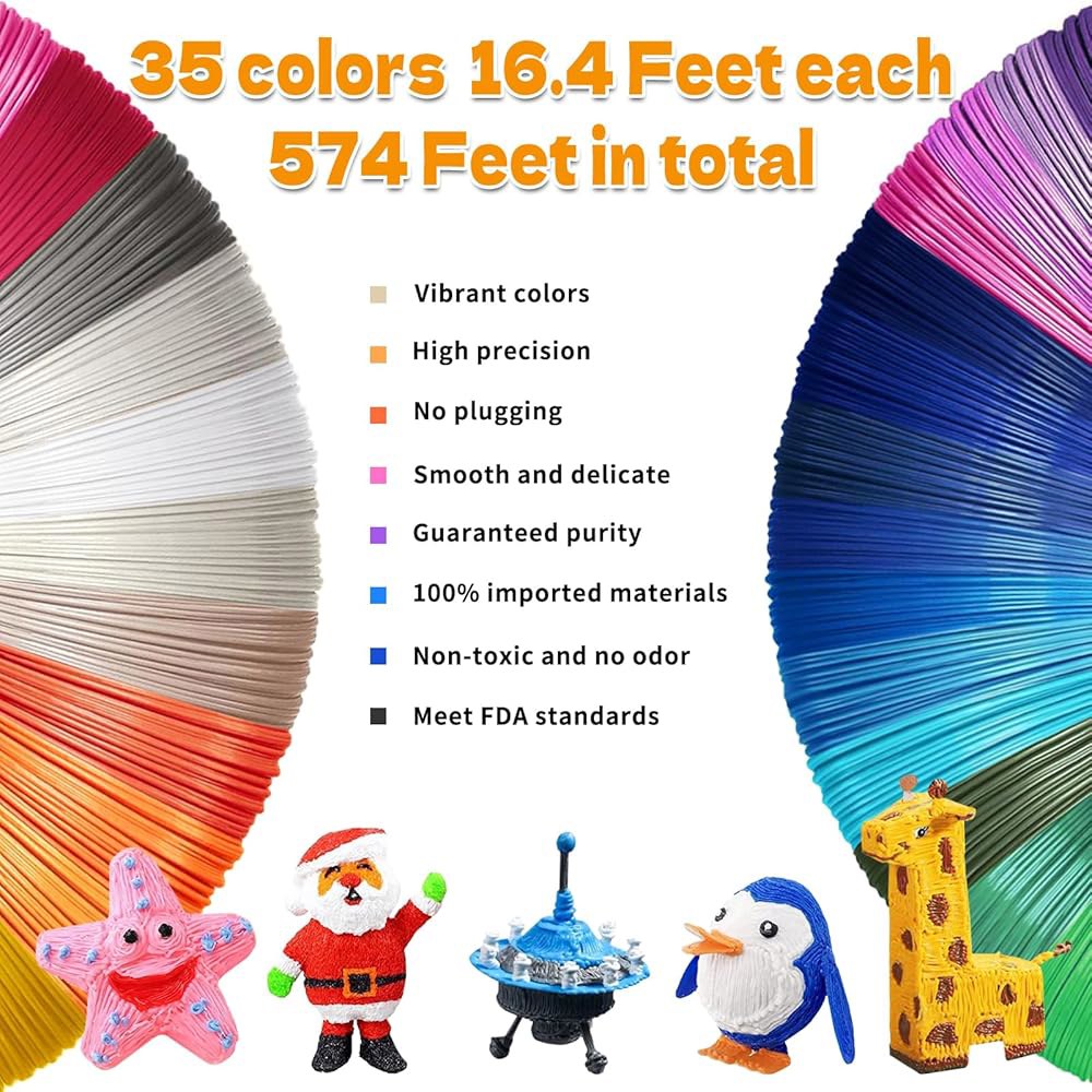 35가지 색상 3D 펜 PLA 필라멘트 리필, 색상당 16.4피트, 총 574피트 u20131.75mm 필라멘트, MYNT3D / SCRIB3D 프린팅 펜과 호환, 더들러 지원 - 상세 이미지 3