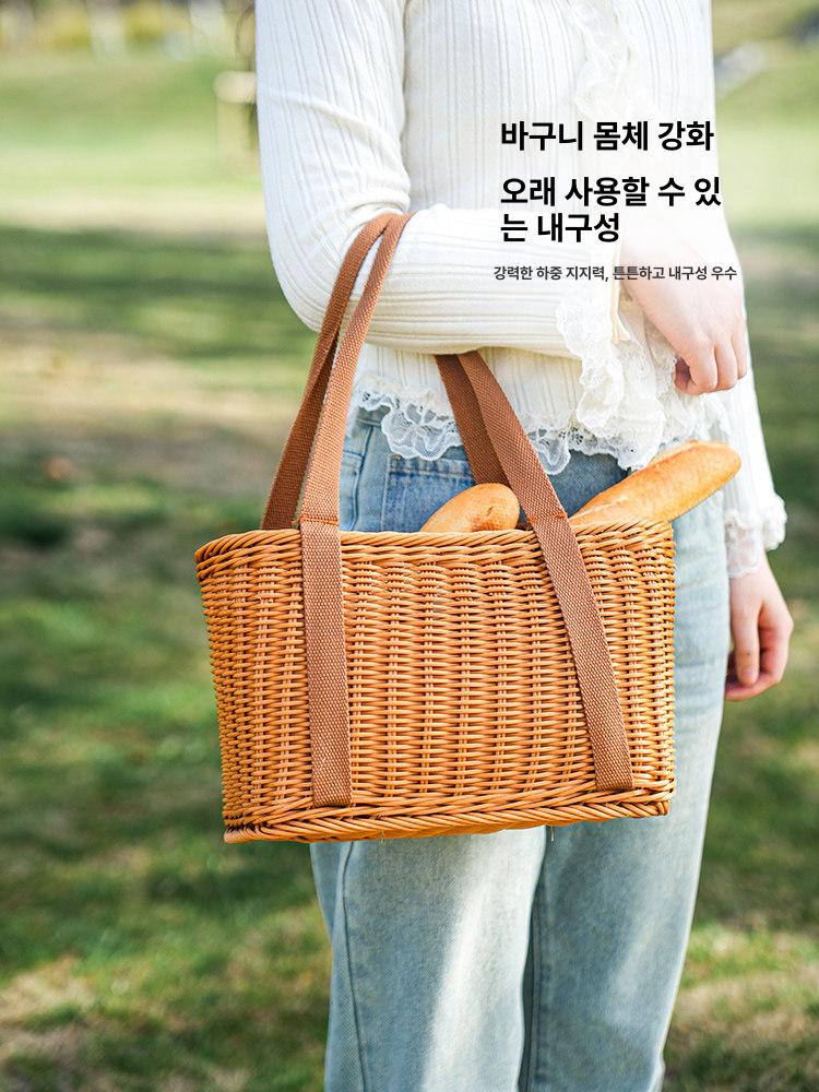 라탄 왕골 장바구니 수확 백 비치 과일 피크닉 가방 대형 - 상세 이미지 3
