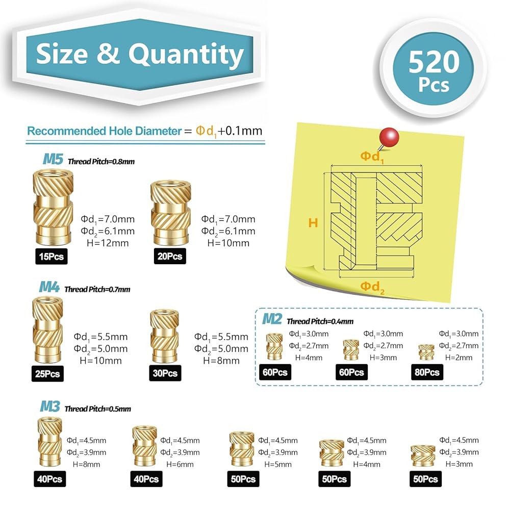 카드릭 520Pcs M2 M3 M4 M5 스레드 인서트 3D 프린팅 부품, 미터법 황동 널드 너트, 플라스틱 부품에 열로 삽입하는 키트 1 M2 H3 D3 200Pcs - 상세 이미지 2