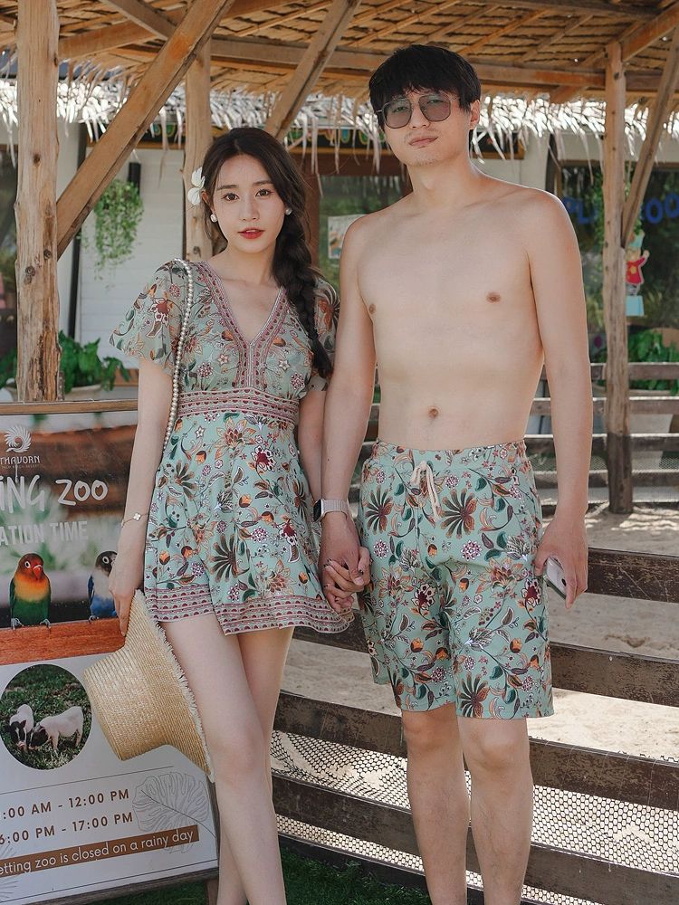 동남아휴양지 커플 수영복 비취웨어 해변 온천 휴양지룩 신혼여행 그린리프 플라워 여성용 M - 상세 이미지 2